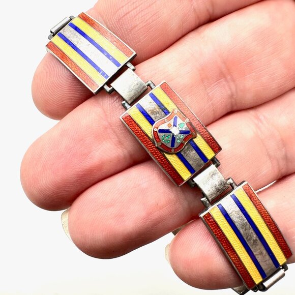 Antique Vintage Enamel Crest Sterling Silver Bracelet 6.5 Inch Unique Rare - Picture 1 of 6